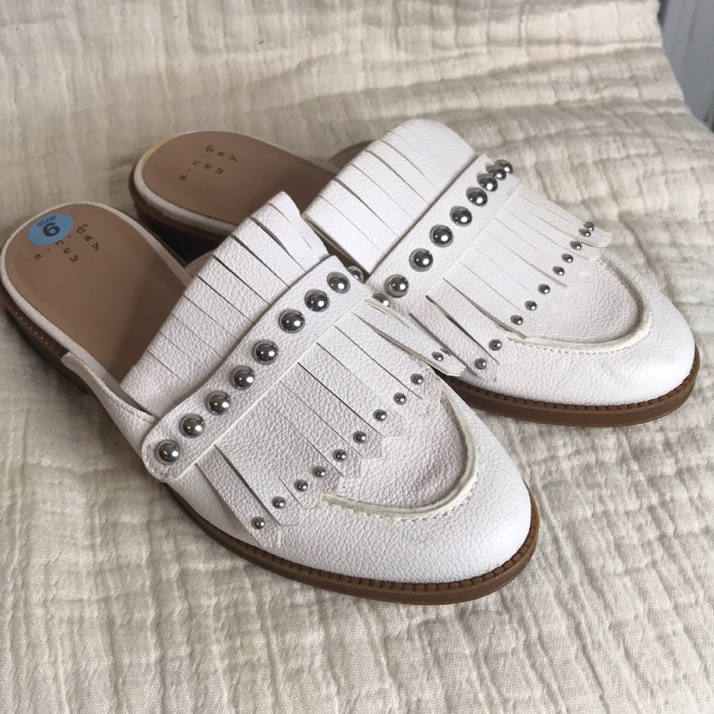 A New Day white fringe studded mules size 6